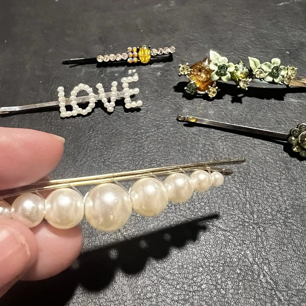 Lovely Vtg Rhinestone Pearl Hair Barrettes Clips LOT of 5 Flower Green Love